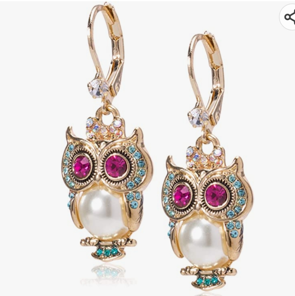 Betsey Johnson Pearl Critters Owl Drop Gold Tone Earrings